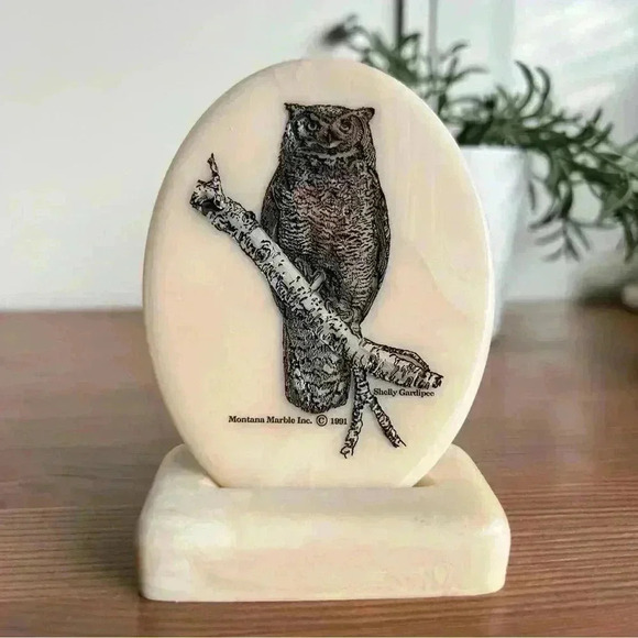 Montana Marble  Inc Wildlife Art Owl 🦉 Etched Plaque 1991 W/ Stand - Picture 1 of 7